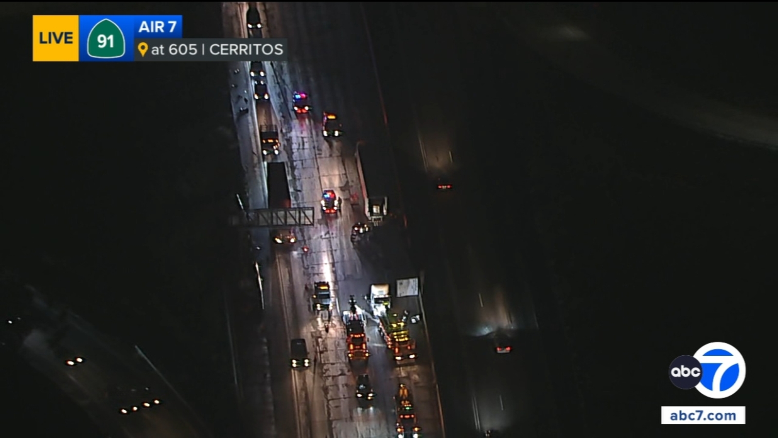 Overturned semi shuts down most lanes of westbound 91 Freeway in Cerritos