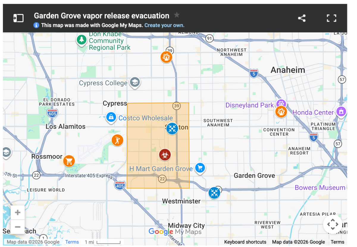 MAP: Toxic Vapor Release Triggers Large Evacuation Zone In Garden Grove”