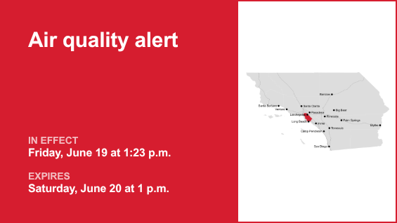Air quality alert in place for Los Angeles County Inland Coast including Downtown Los Angeles Saturday