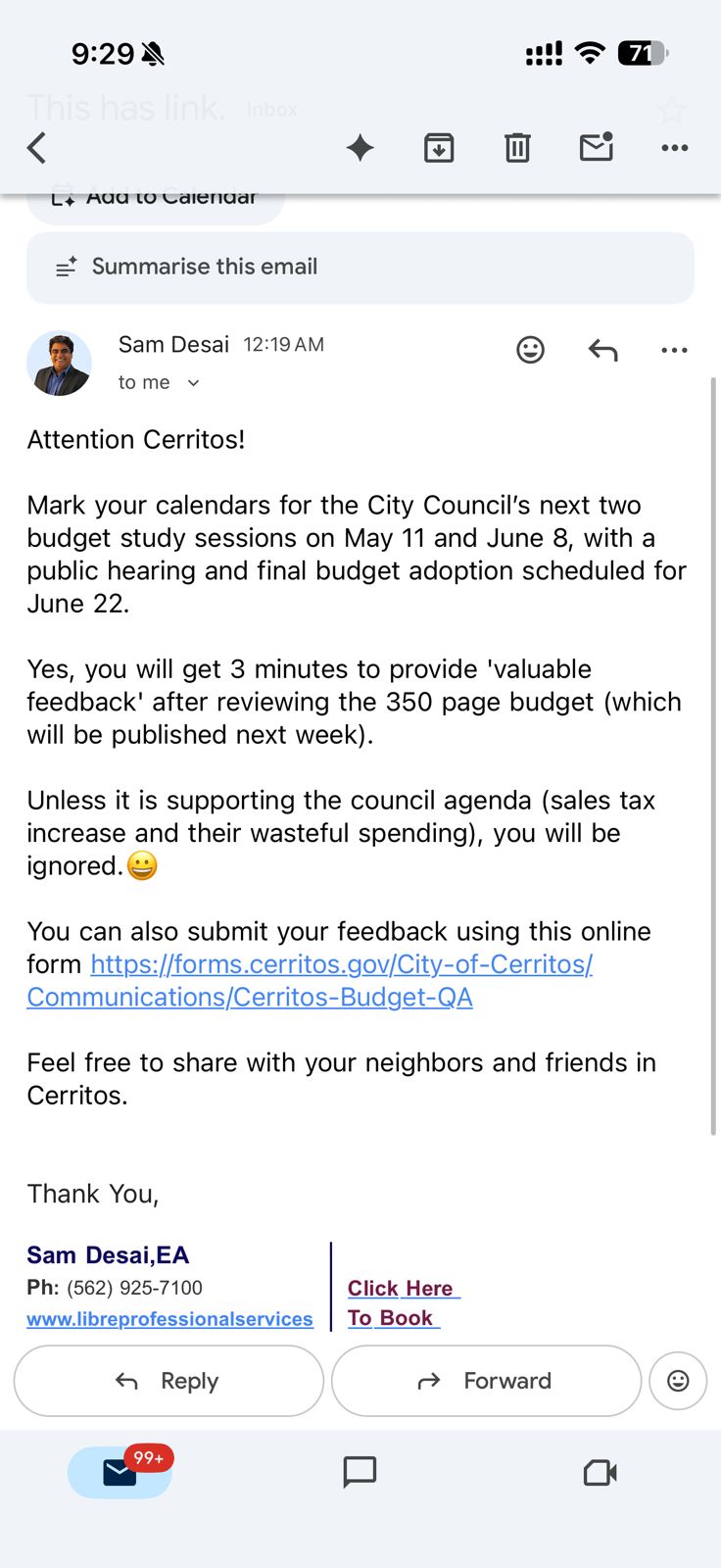 Uploaded Email Screenshot Details Cerritos Budget Feedback Dates